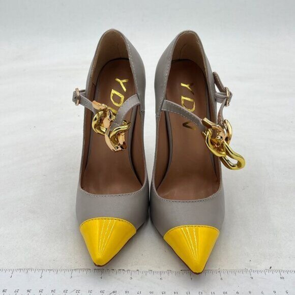 YDN Yellow Patchwork Pointed Toe Pumps Chain Strap Stiletto High Heels Shoes - Picture 3 of 8
